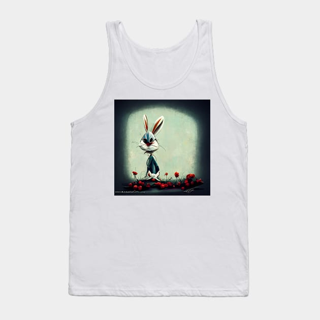 Cartoon sketched bunny rabbit looking less than pleased as he stands in the garden. Tank Top by Liana Campbell